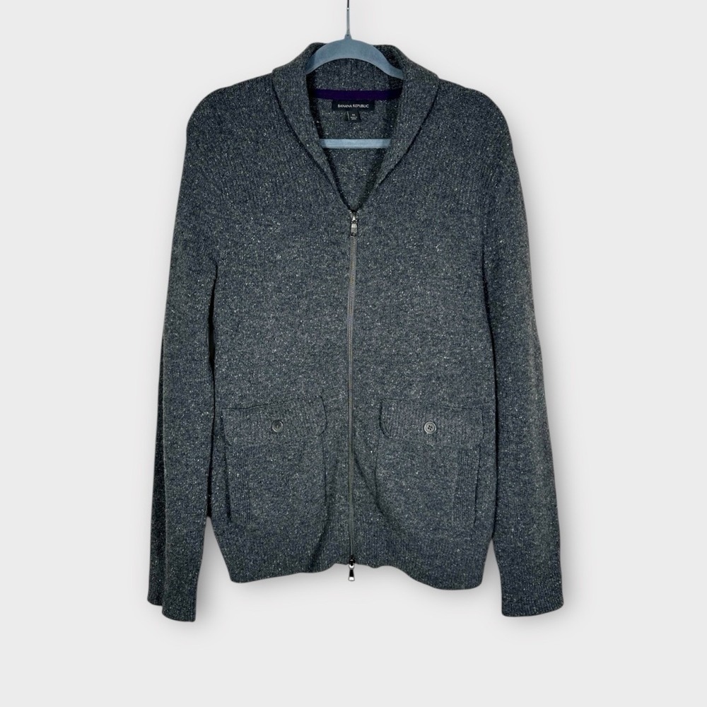 Banana Republic Mens Shawl Collar Wool Silk Zip Sweater Pockets Charcoal Medium